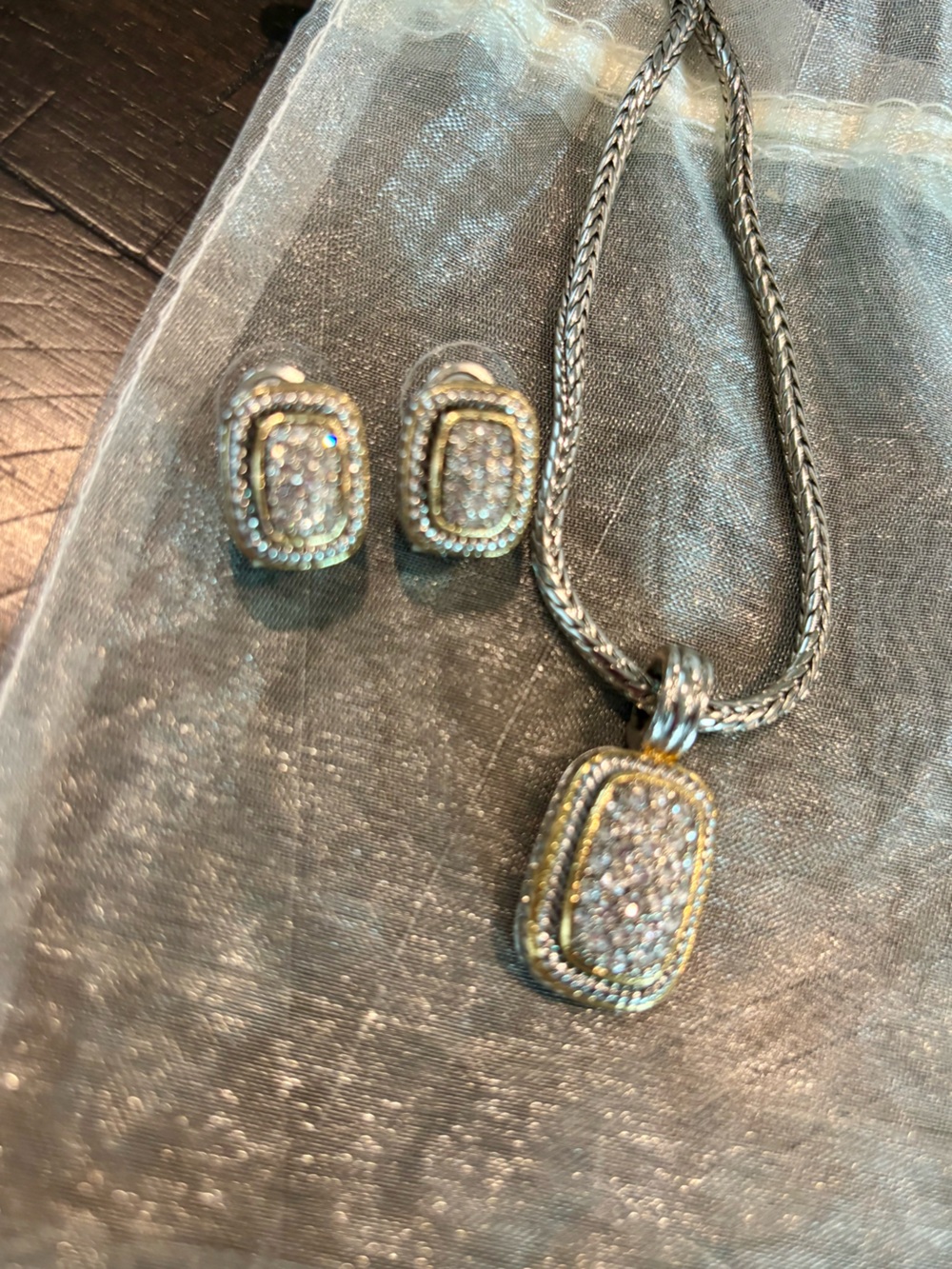 VINTAGE Silver Tone Rope Cable CZ Bracelet & Earrings Set